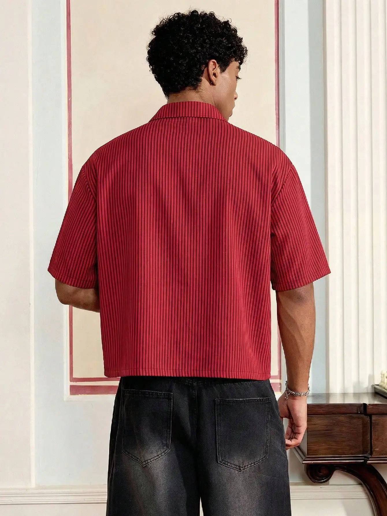 Men's Red Striped Cropped Button Up Shirt