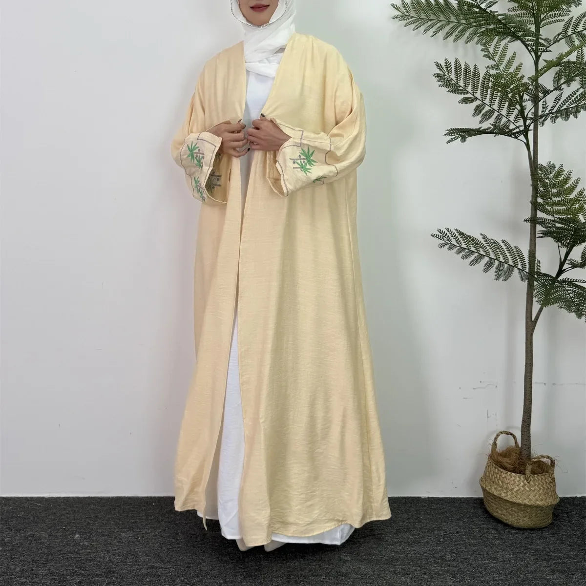 Muslim Embroidered Open Abaya Long Sleeve Cardigan Kaftan for Women