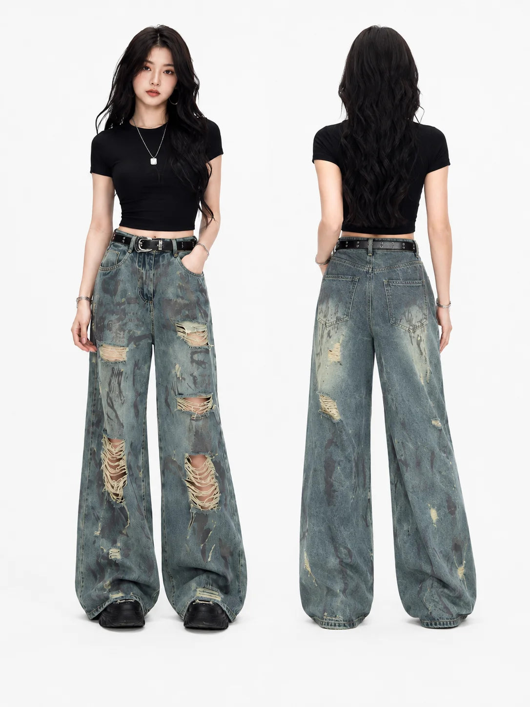 Women’s High Waist Wide Leg Ripped Jeans