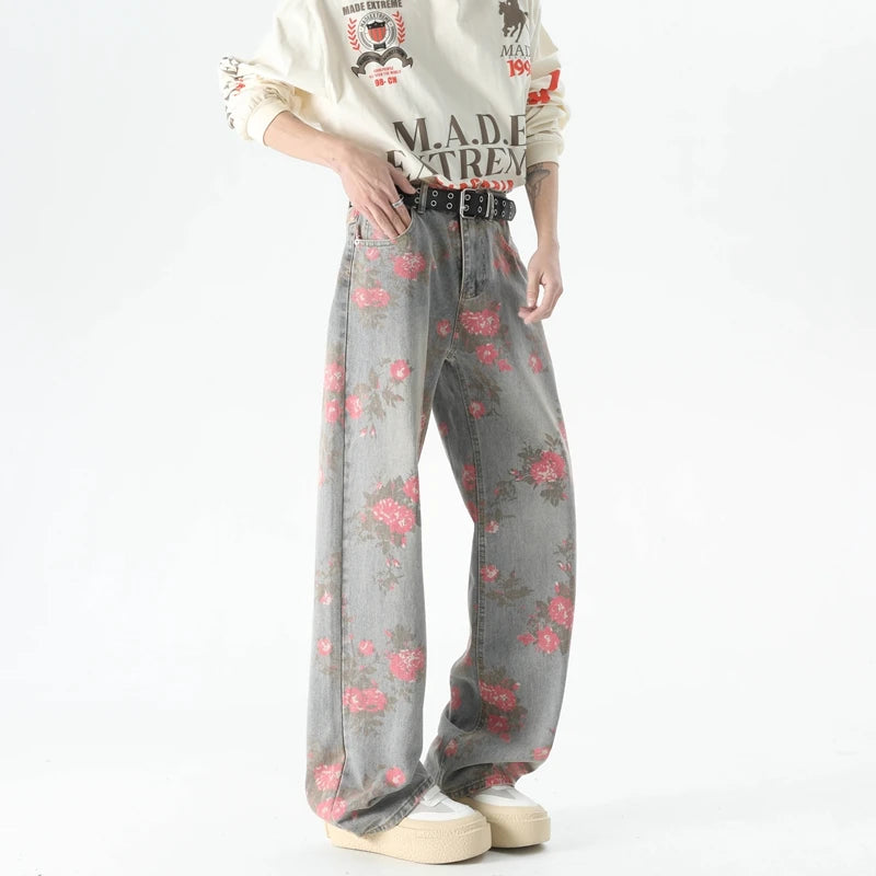 Autumn Flower Print Baggy Jeans