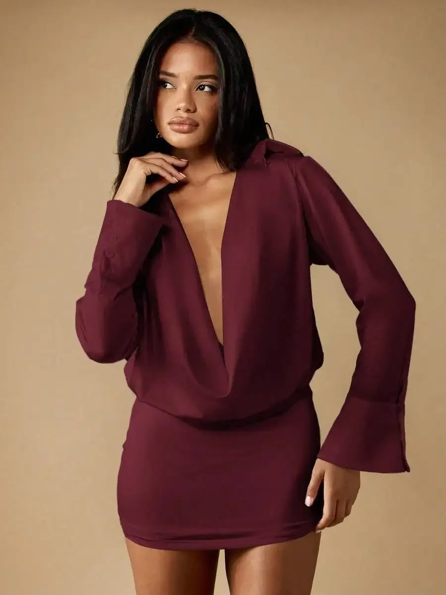 Women Deep V Neck Cowl Mini Shirt Dress