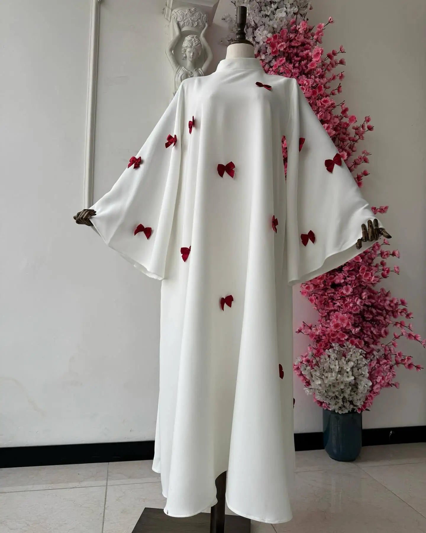 Women Bow Abaya Long Dress Ramadan Kaftan Moroccan Robe
