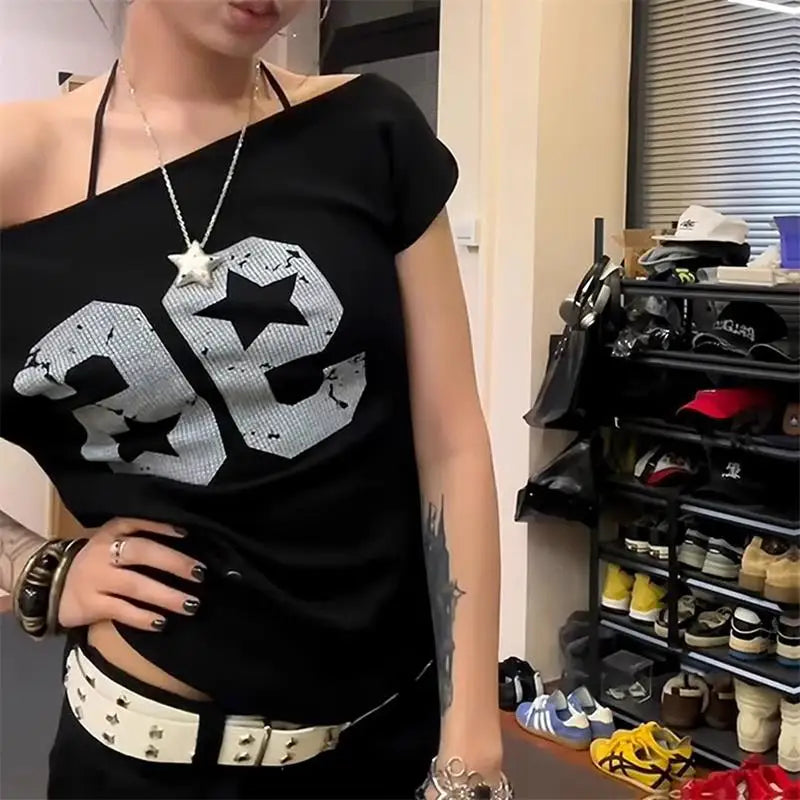 Off-Shoulder Y2K Print T-Shirt