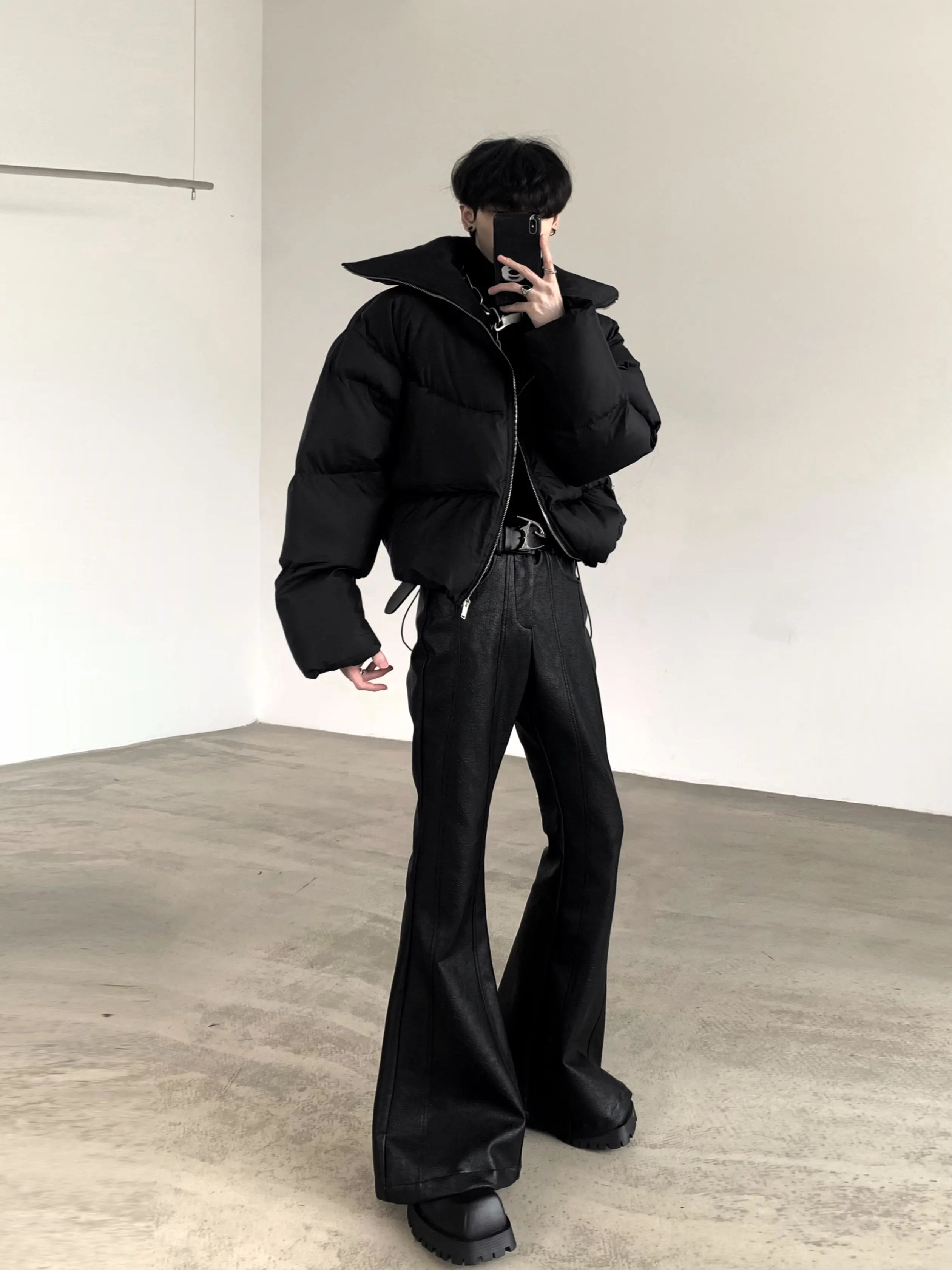 Men's Black PU Leather Flare Pants