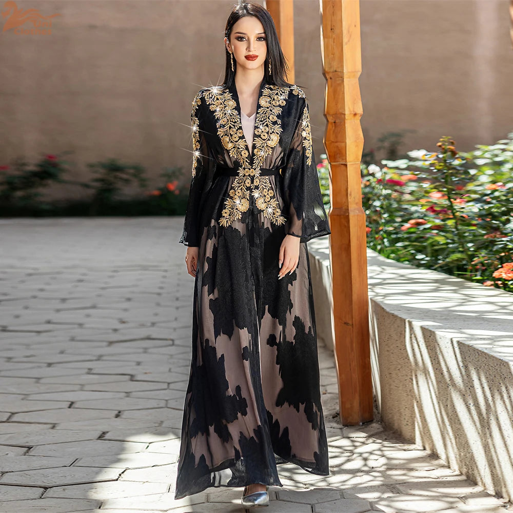 Fashion Lace Embroidered 2-Piece Abaya Kaftan for Women Ramadan Dubai Caftan
