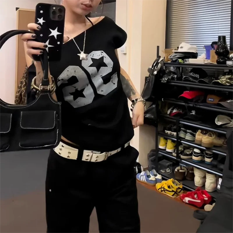 Off-Shoulder Y2K Print T-Shirt