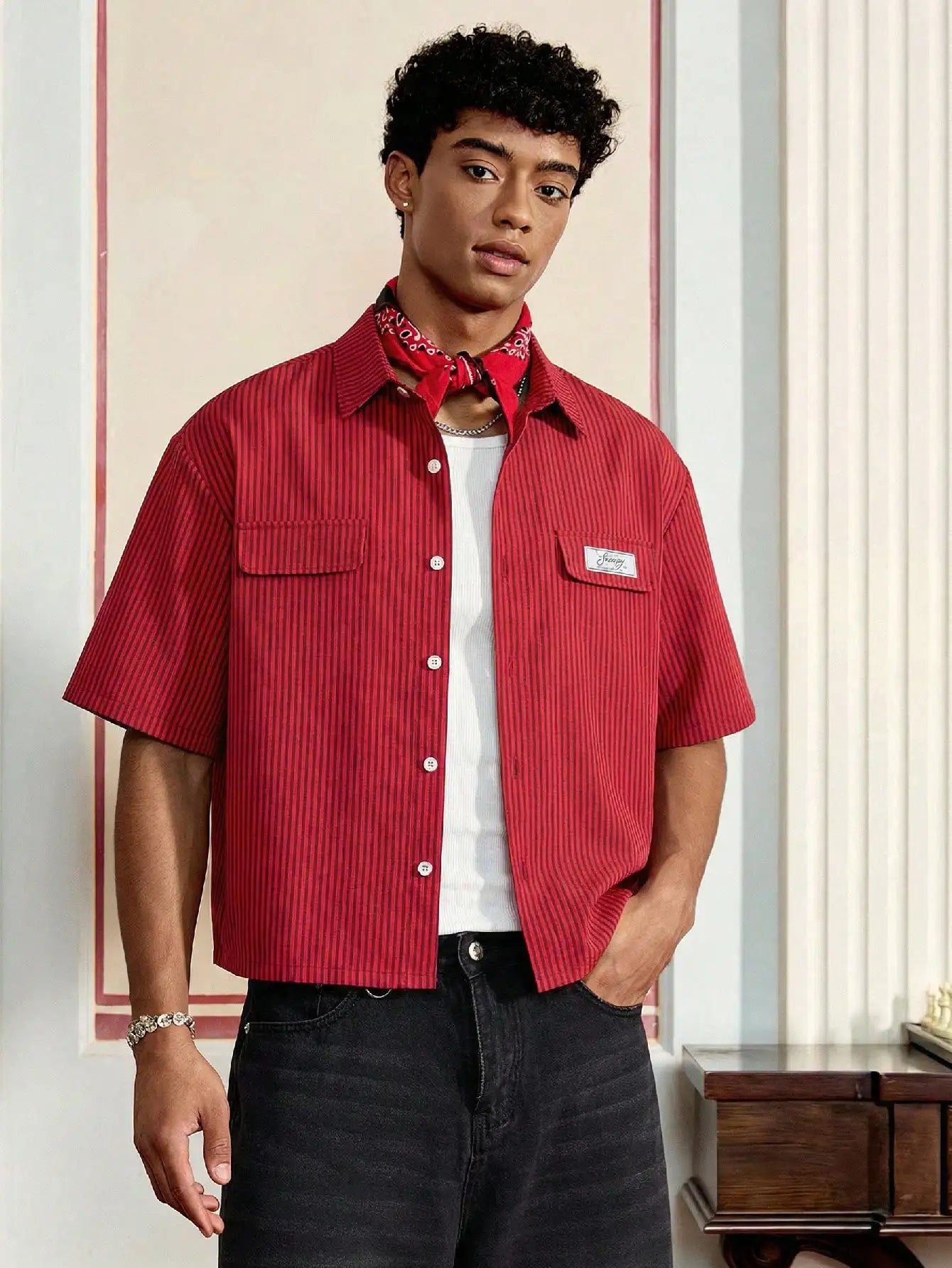 Men's Red Striped Cropped Button Up Shirt