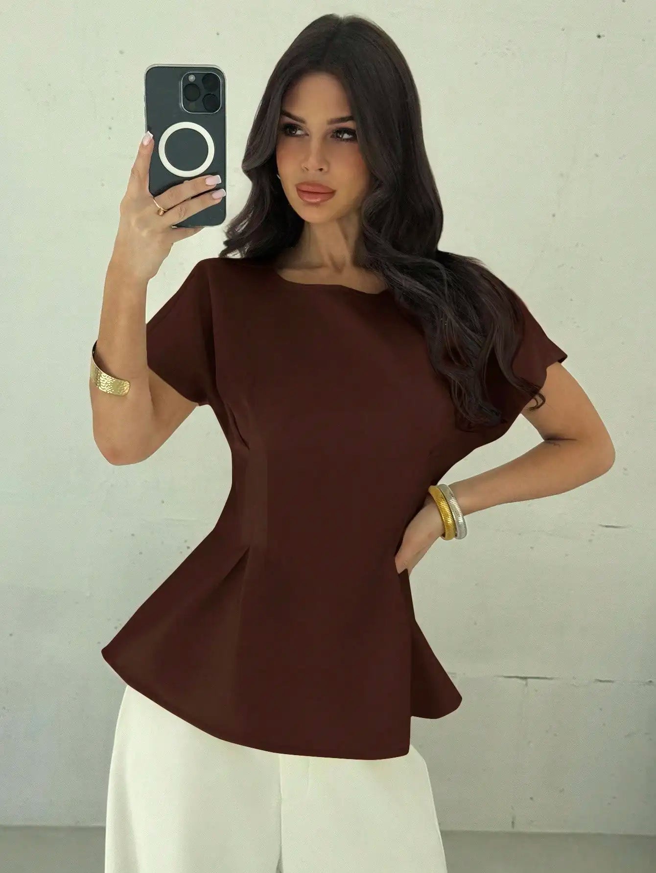 Women Minimalist Black Peplum Blouse
