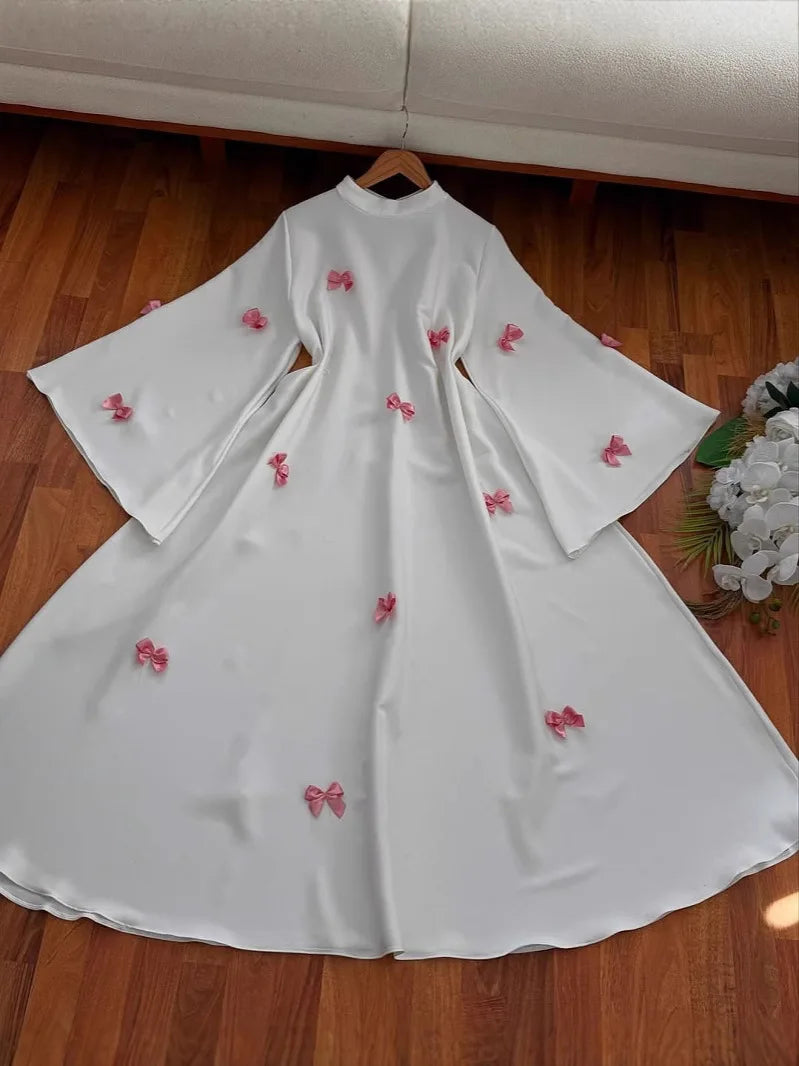 Women Bow Abaya Long Dress Ramadan Kaftan Moroccan Robe