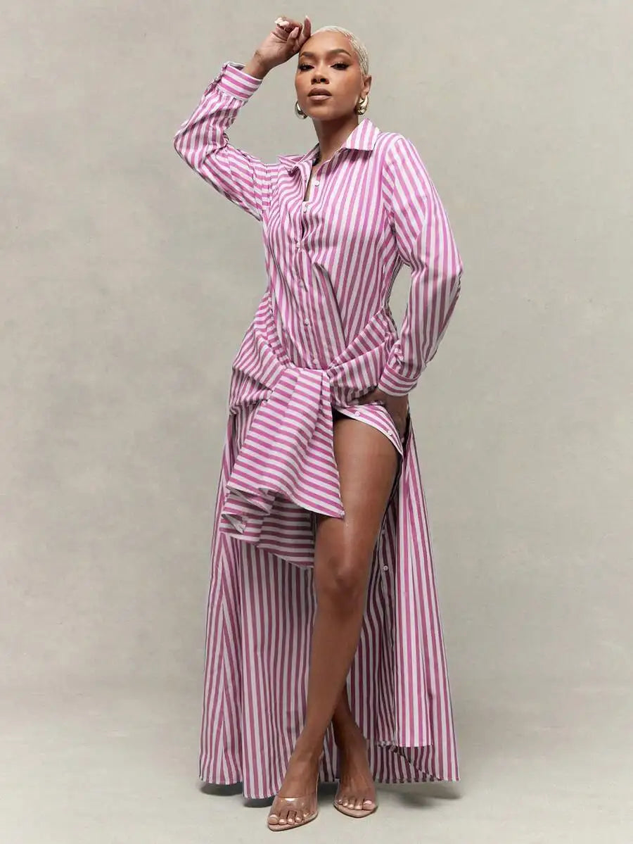 Women Striped Tie Waist Maxi Shirt Dress