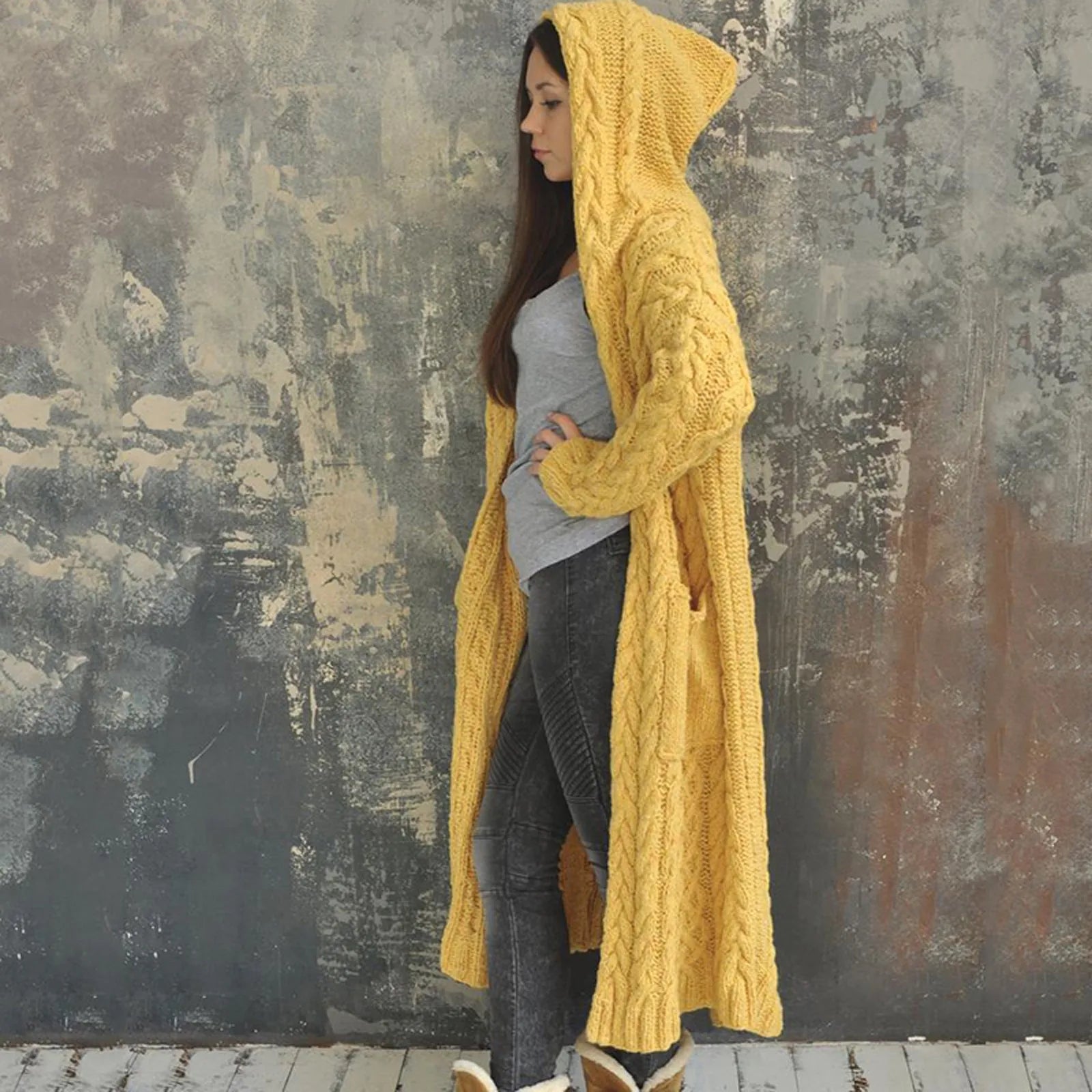 Hooded Long Cable Cardigan