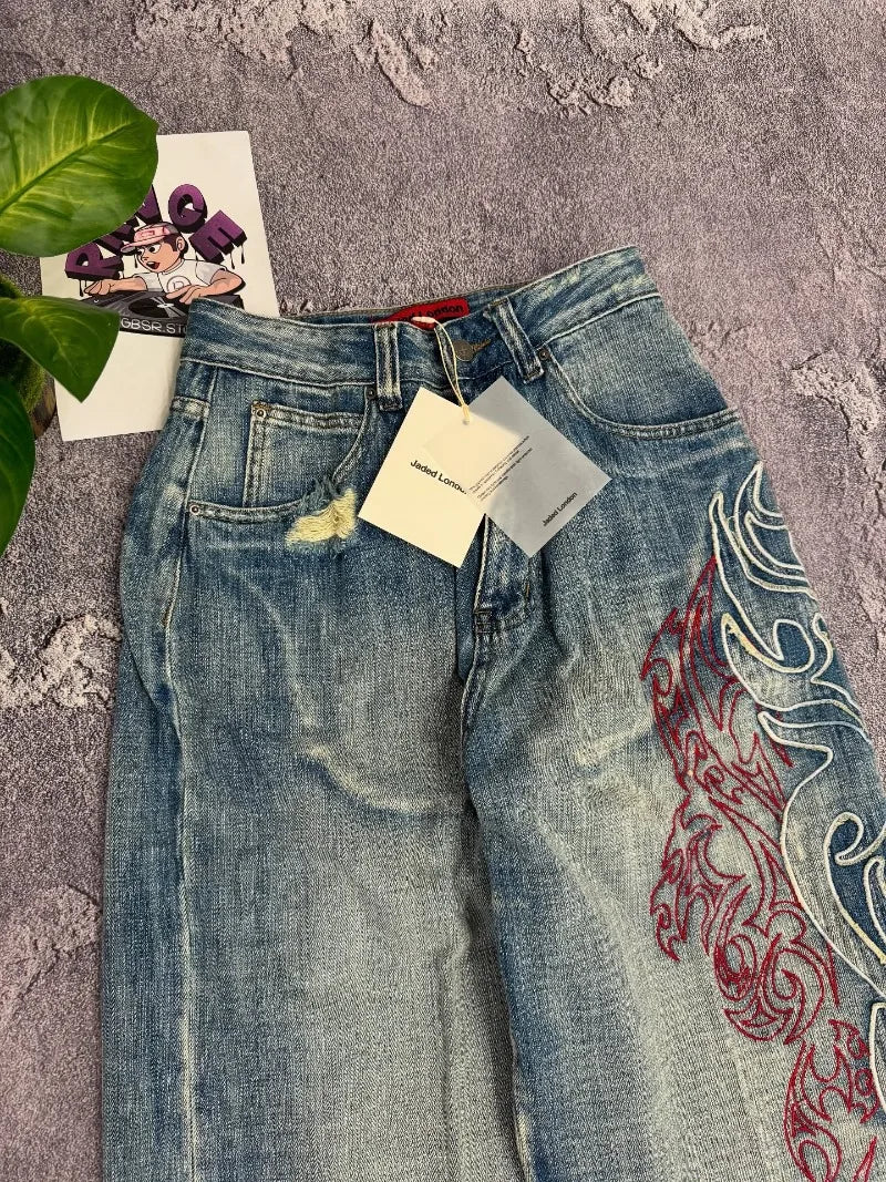 Embroidered Wide Leg Baggy Jeans