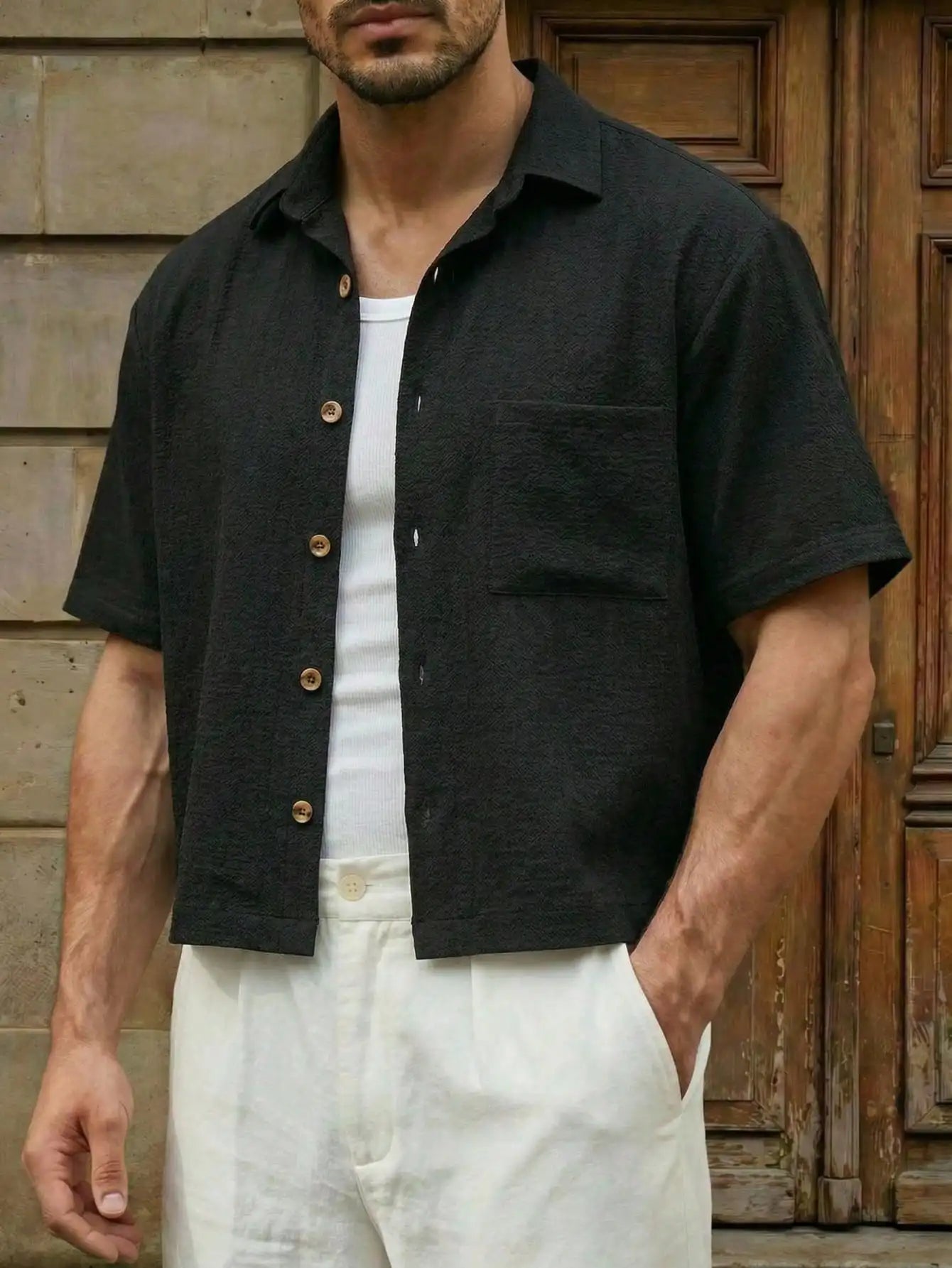 Men Blue White Striped Camp Collar Shirt