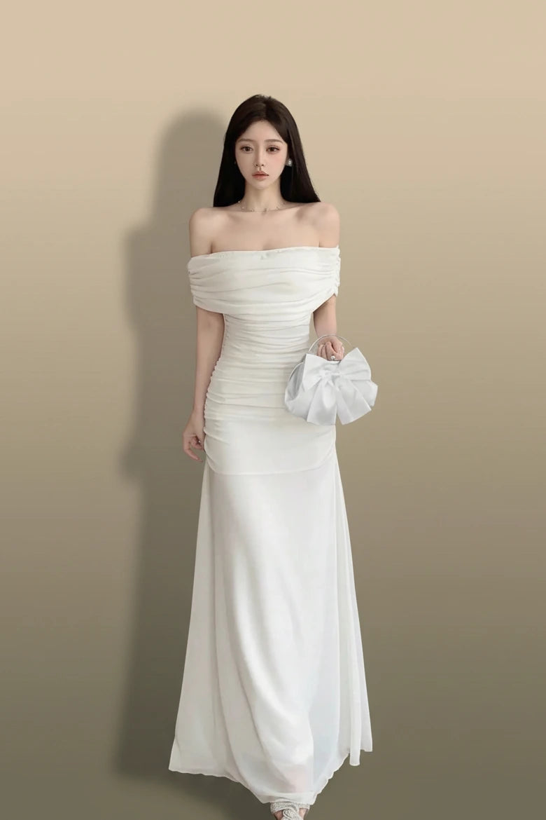 Off Shoulder Ruched Waist Maxi Dress