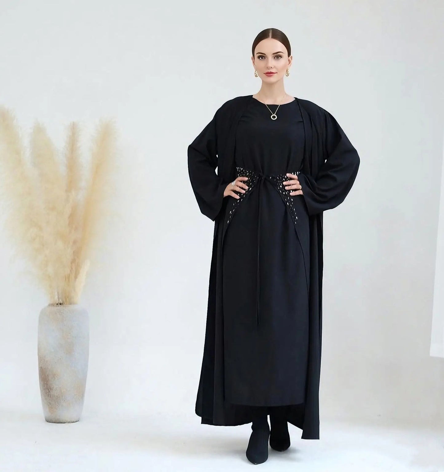 3-Piece Women’s Black Abaya Set with Hijab Modest Kaftan Robe