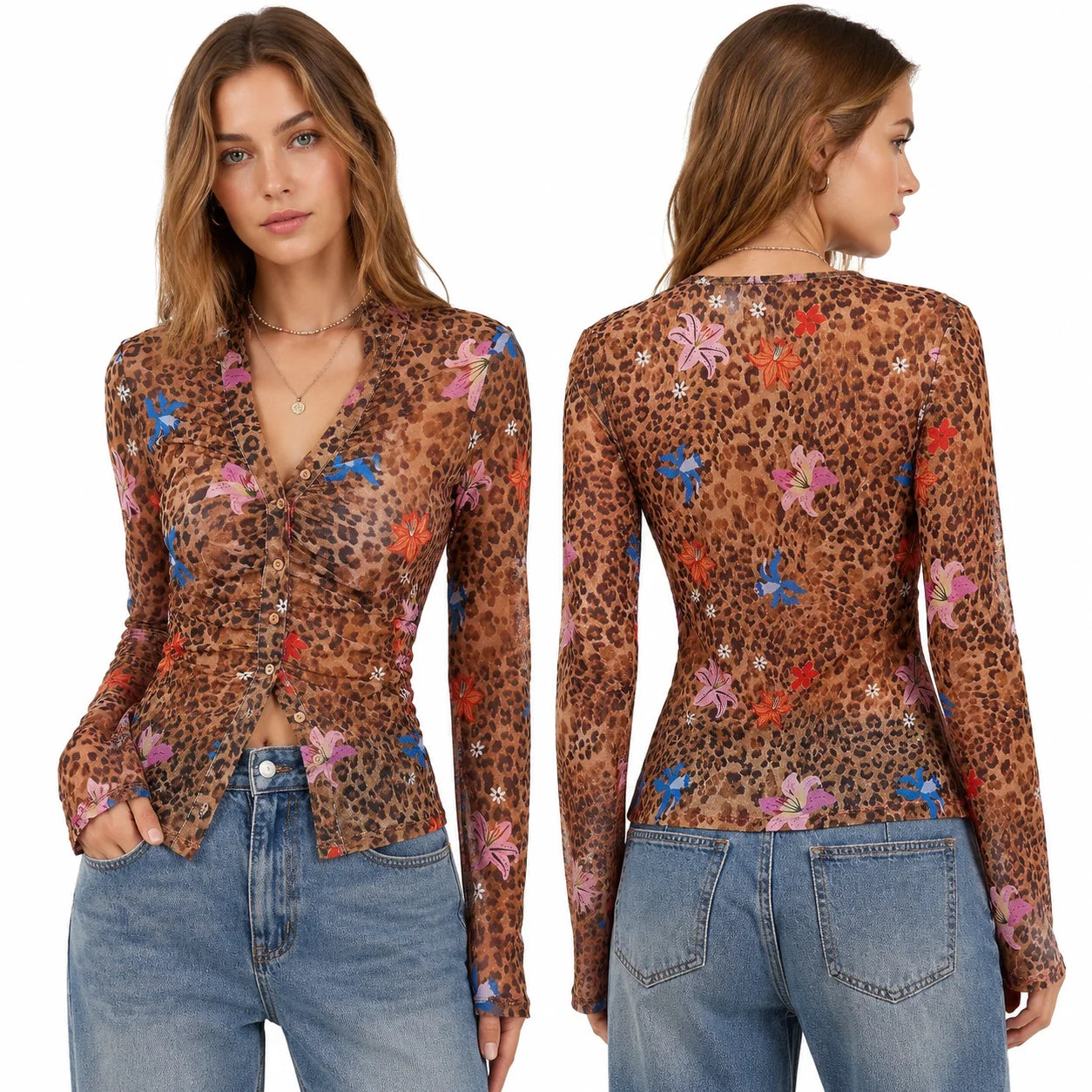 Women’s Leopard Print Mesh Bell Sleeve Top