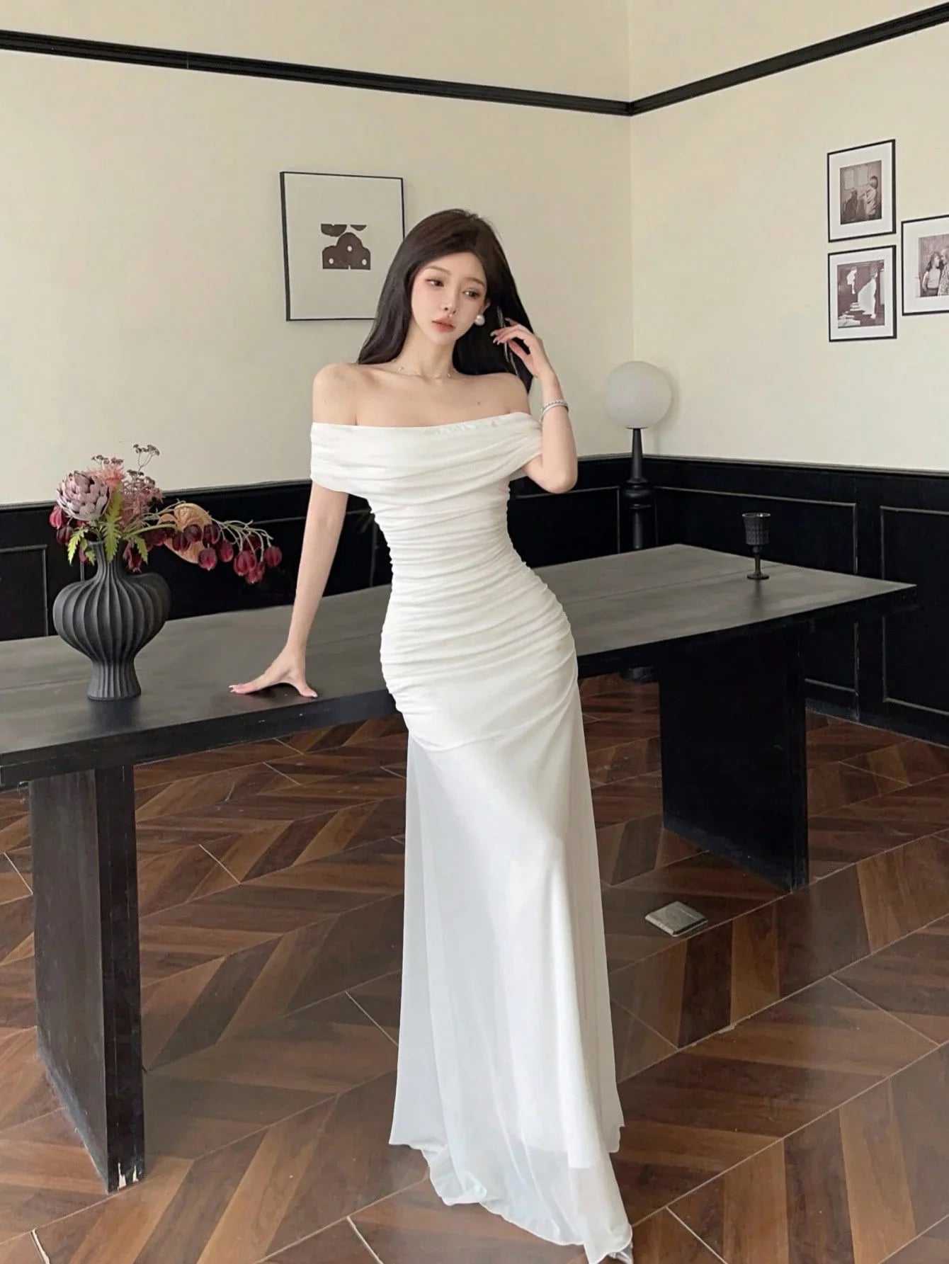 Off Shoulder Ruched Waist Maxi Dress