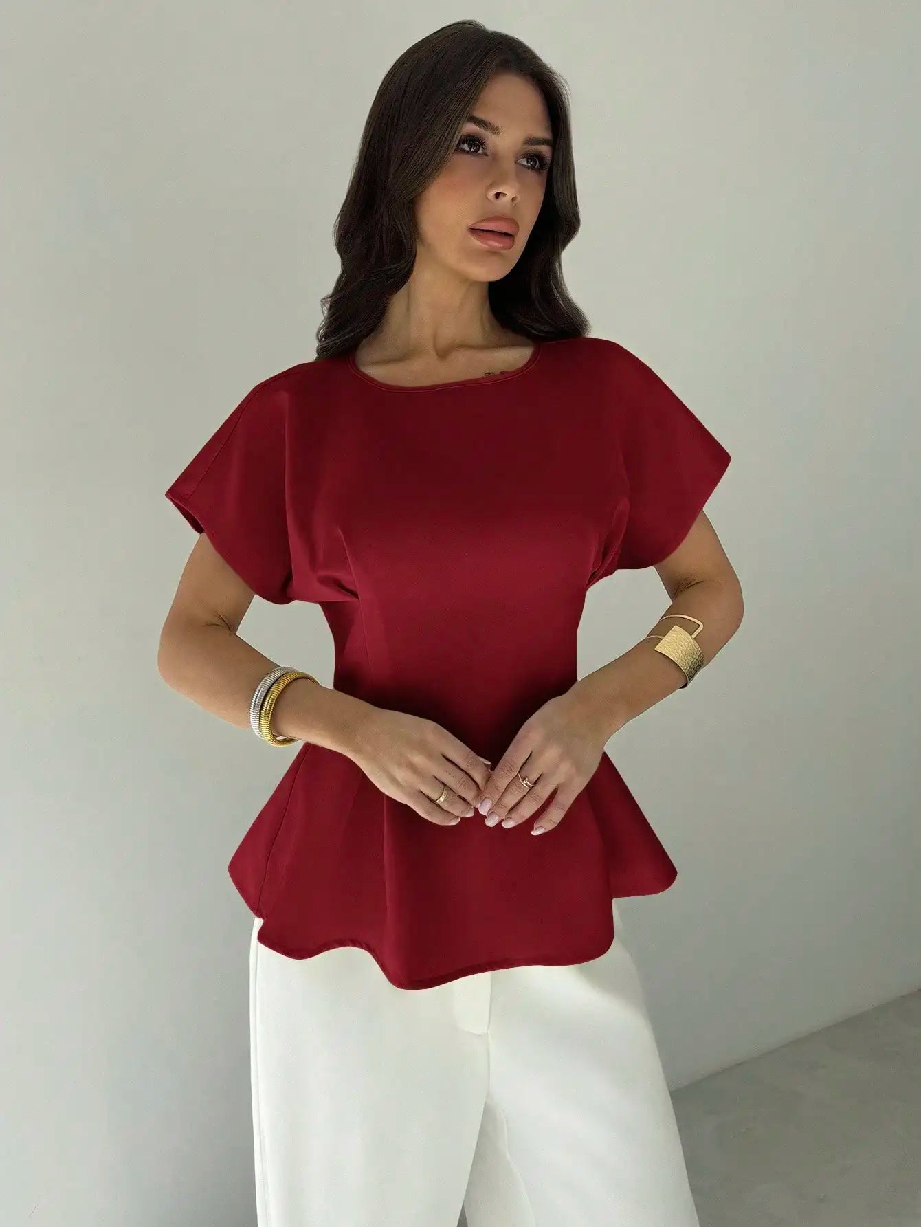 Women Minimalist Black Peplum Blouse