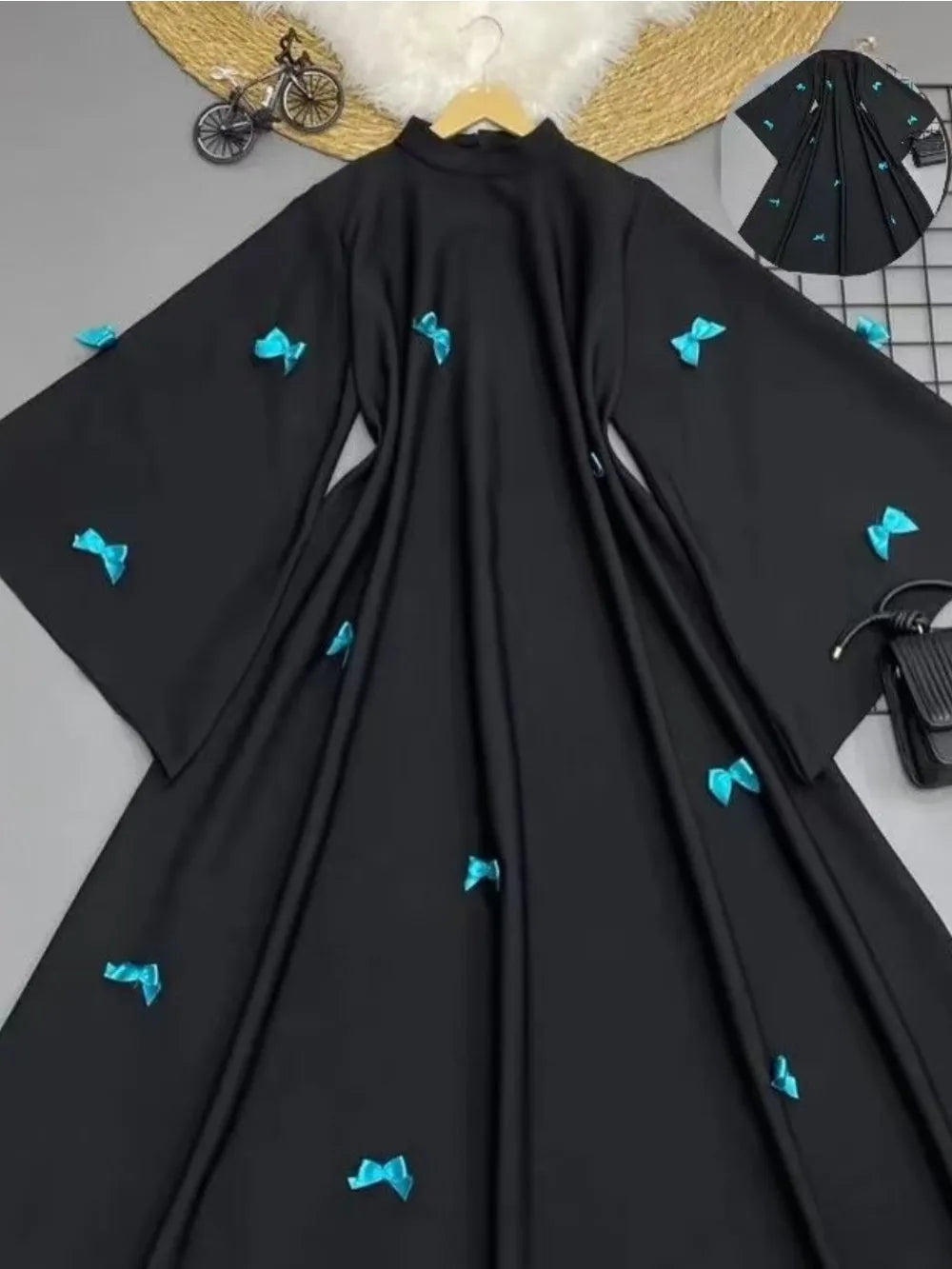 Women Bow Abaya Long Dress Ramadan Kaftan Moroccan Robe