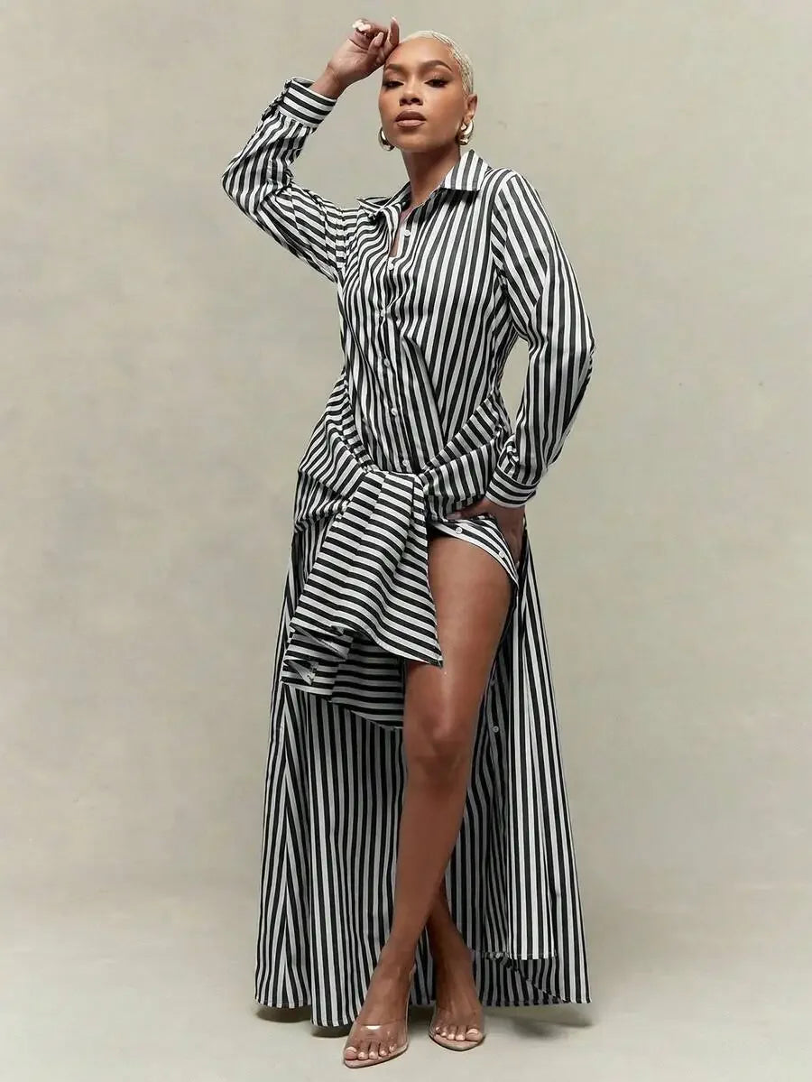 Women Striped Tie Waist Maxi Shirt Dress