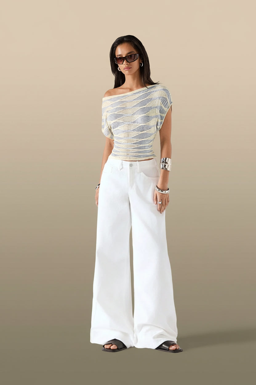 Women's Off Shoulder Stripe Knit Crop Top