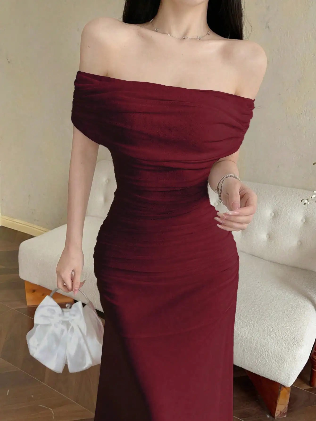 Off Shoulder Ruched Waist Maxi Dress