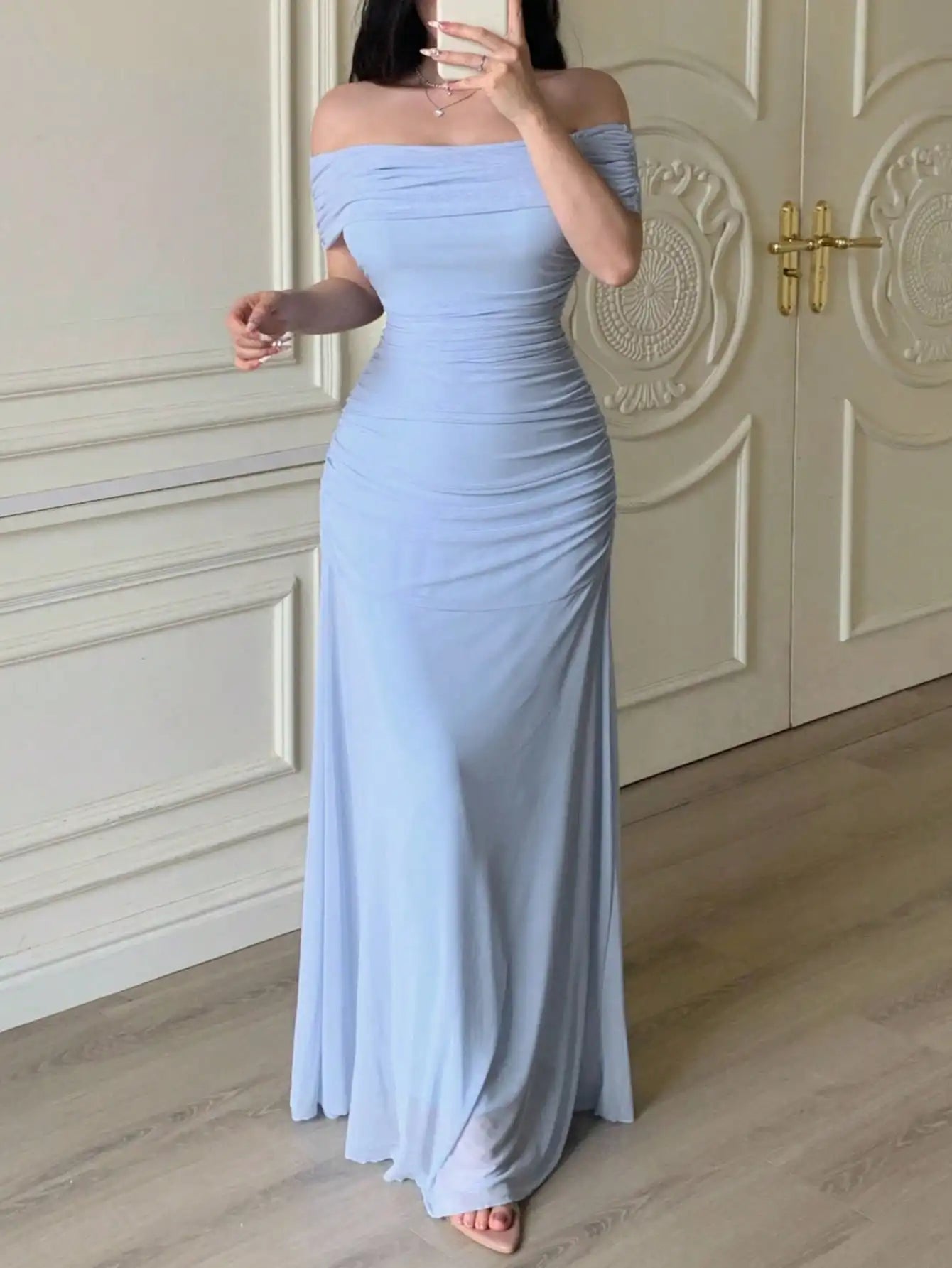 Off Shoulder Ruched Waist Maxi Dress
