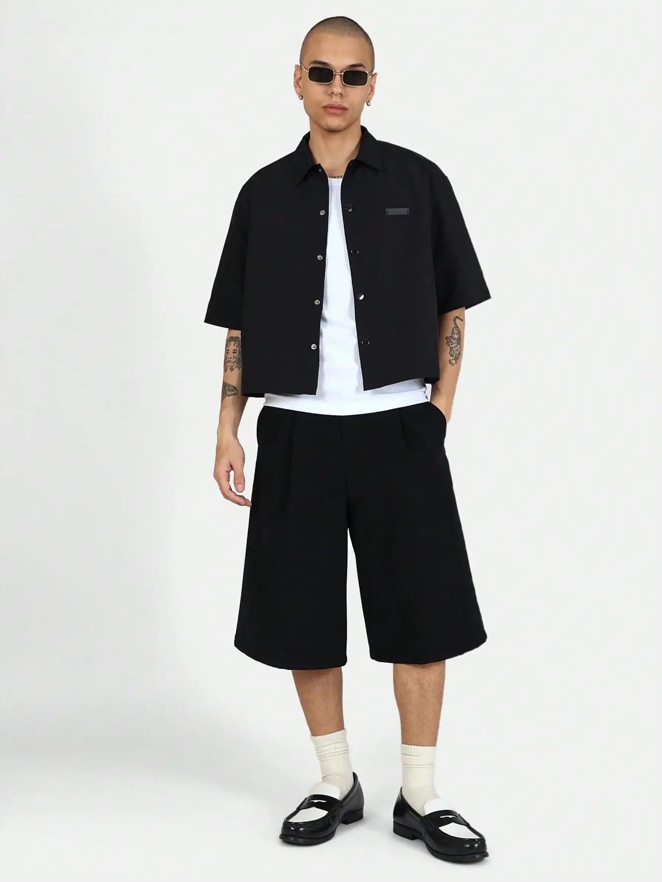 Men Black Button Down Crop shirt