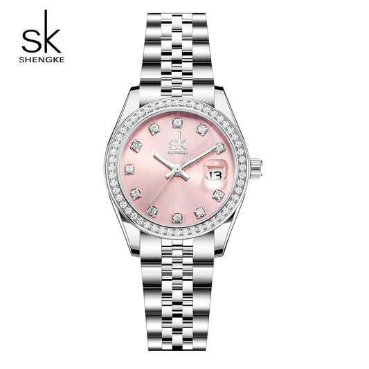 Shengke Luxury Women's Quartz Watch Stainless Steel Fashion Wristwatch