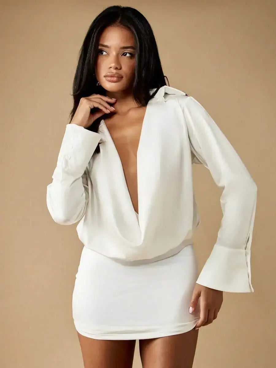 Women Deep V Neck Cowl Mini Shirt Dress