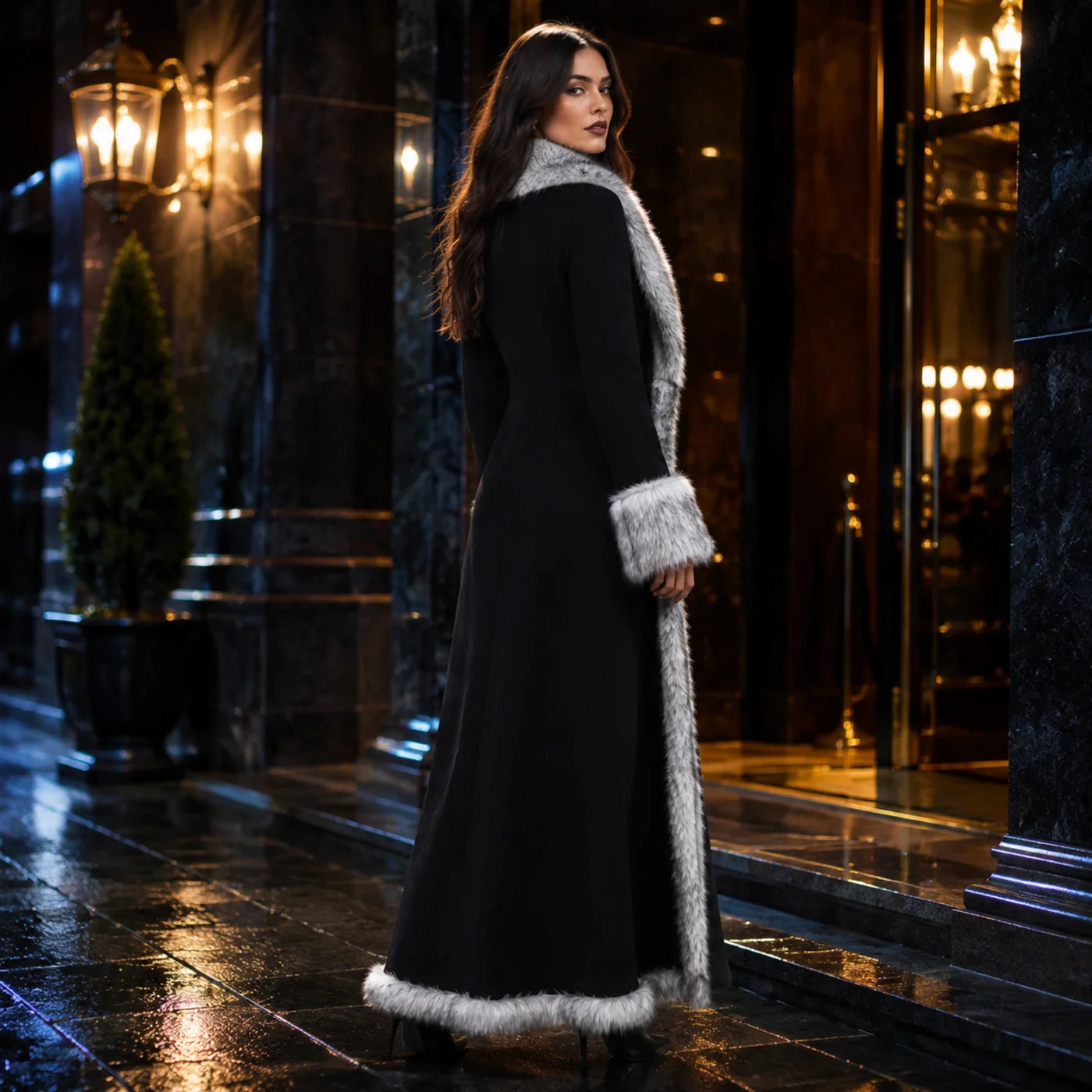 Women’s Black Faux Fur Trim Maxi Coat