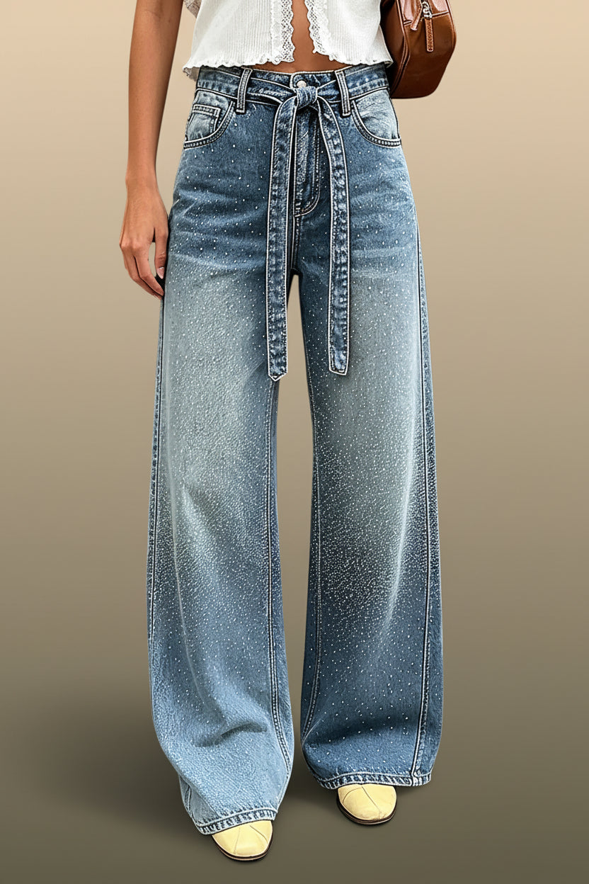 Women Rhinestone High Waist Jeans