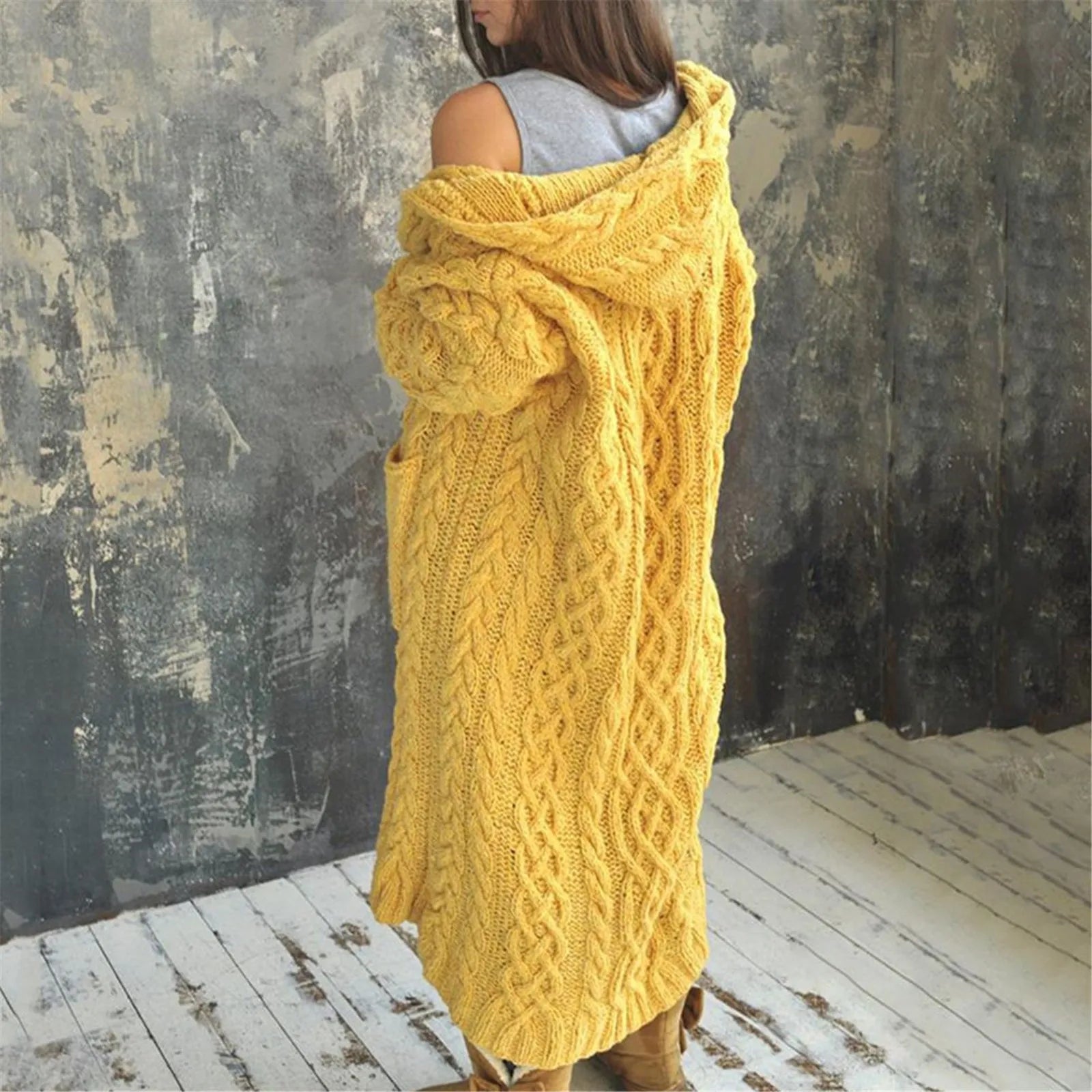 Hooded Long Cable Cardigan