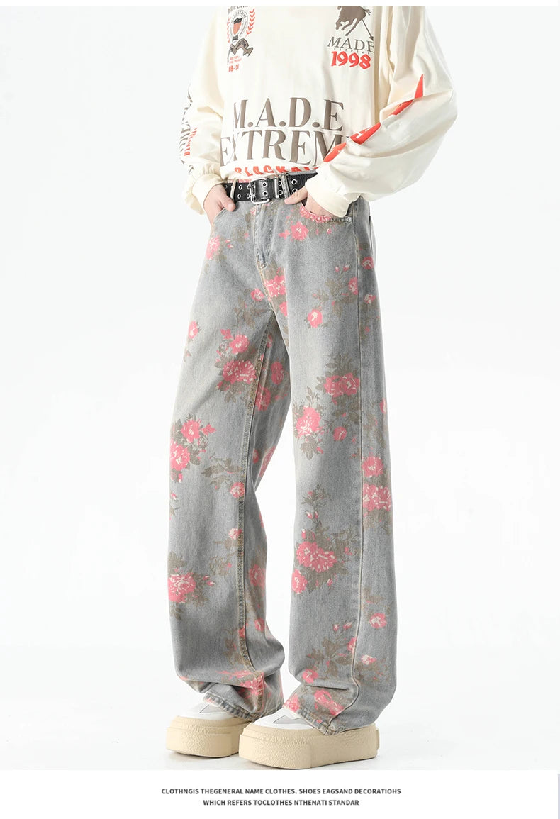 Autumn Flower Print Baggy Jeans