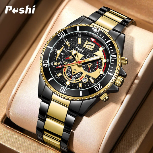 POSHI 928 Stainless Steel Quartz Business Watch with Date