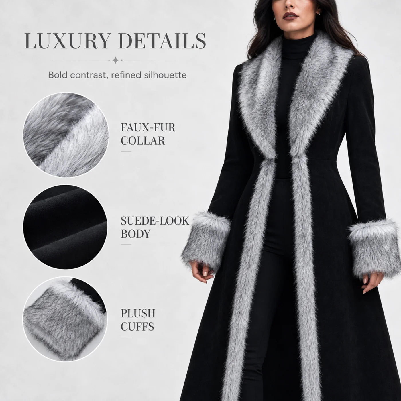 Women’s Black Faux Fur Trim Maxi Coat