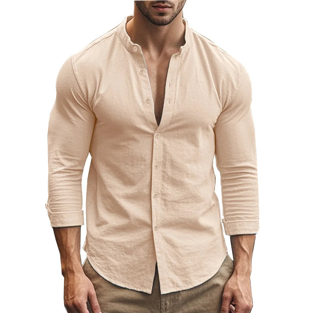 Men's Cotton Linen Slim Fit Henry Shirt