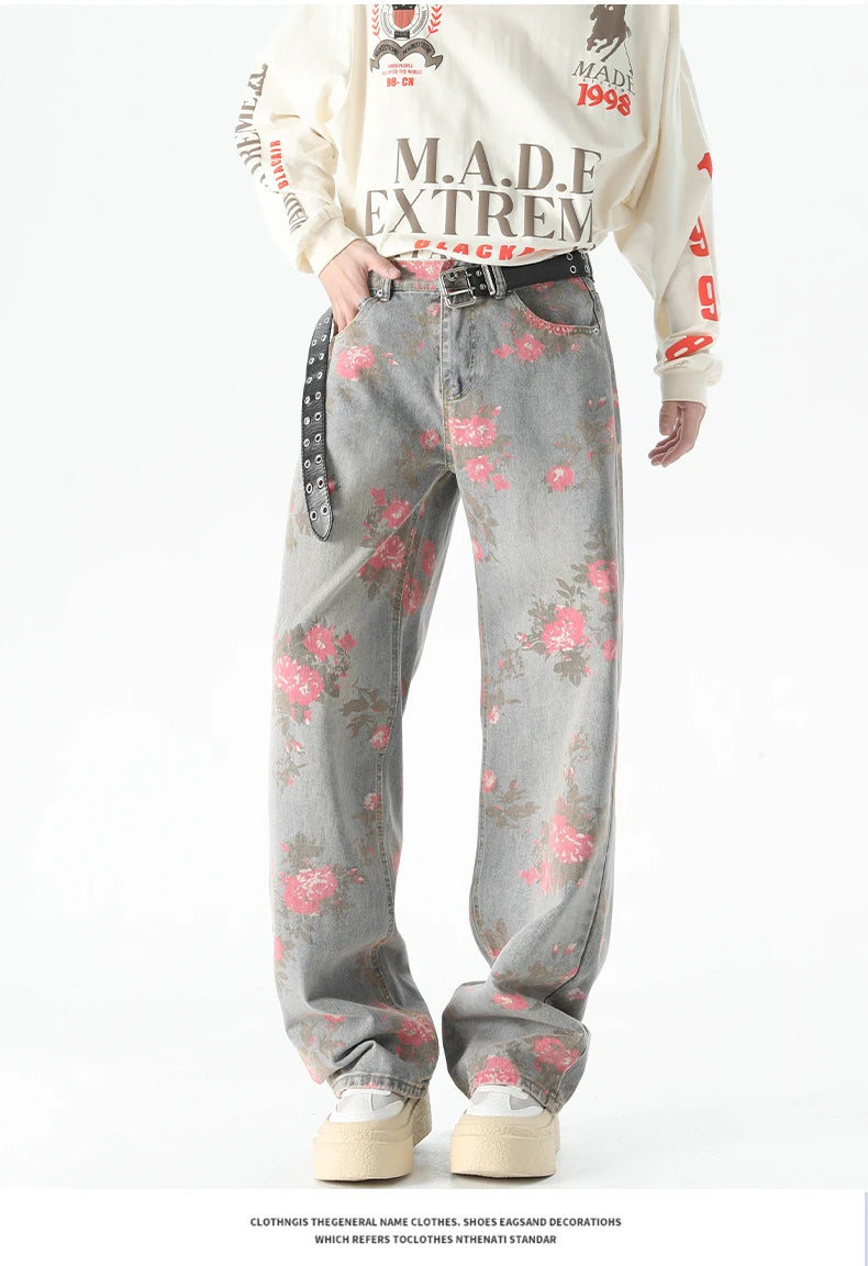 Autumn Flower Print Baggy Jeans
