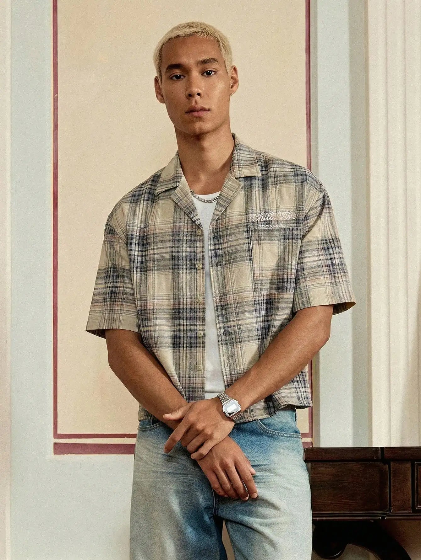 Men's Red Striped Cropped Button Up Shirt