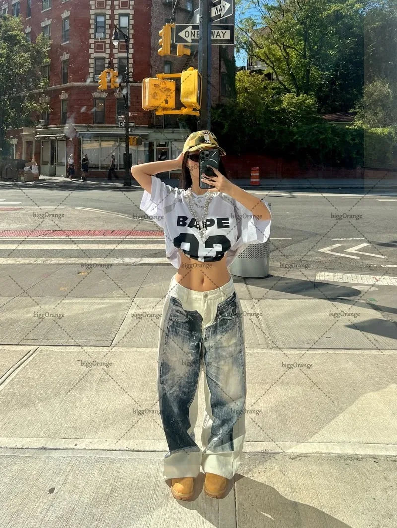 Retro Print High Waist White Jeans