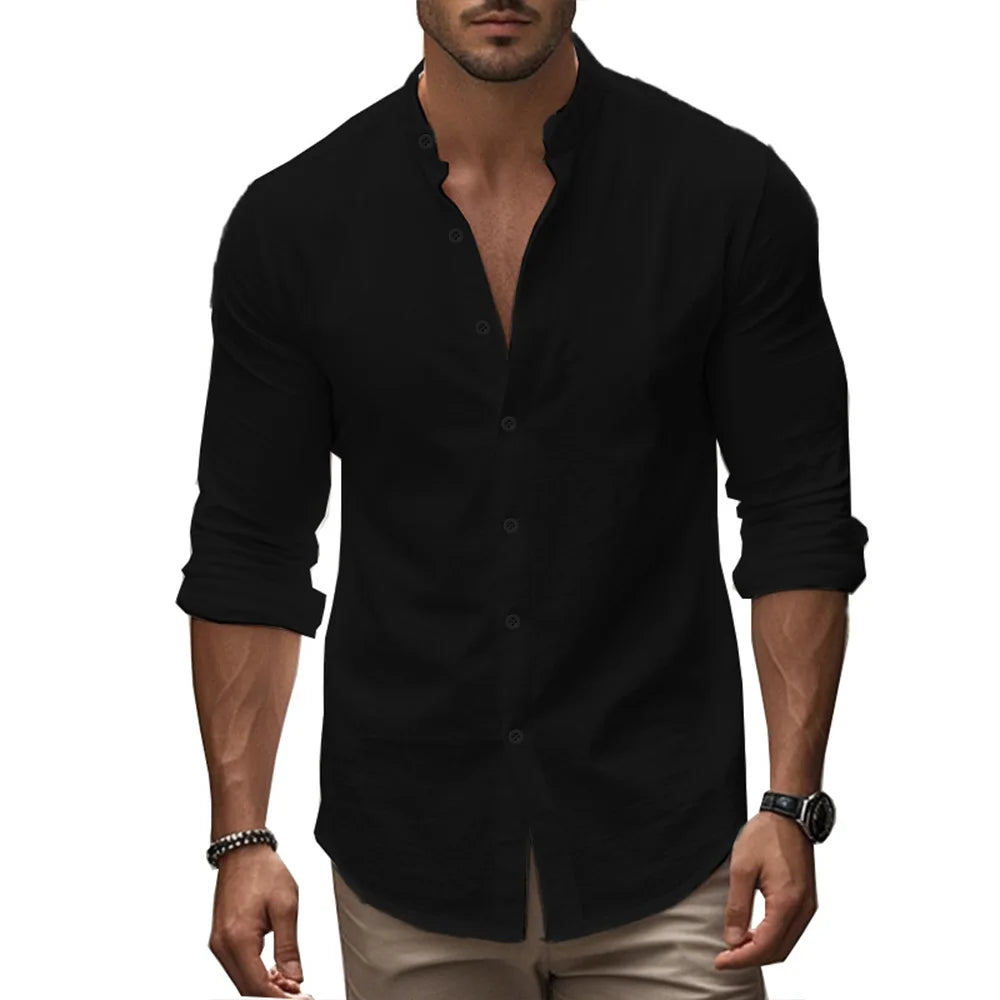Men's Cotton Linen Slim Fit Henry Shirt
