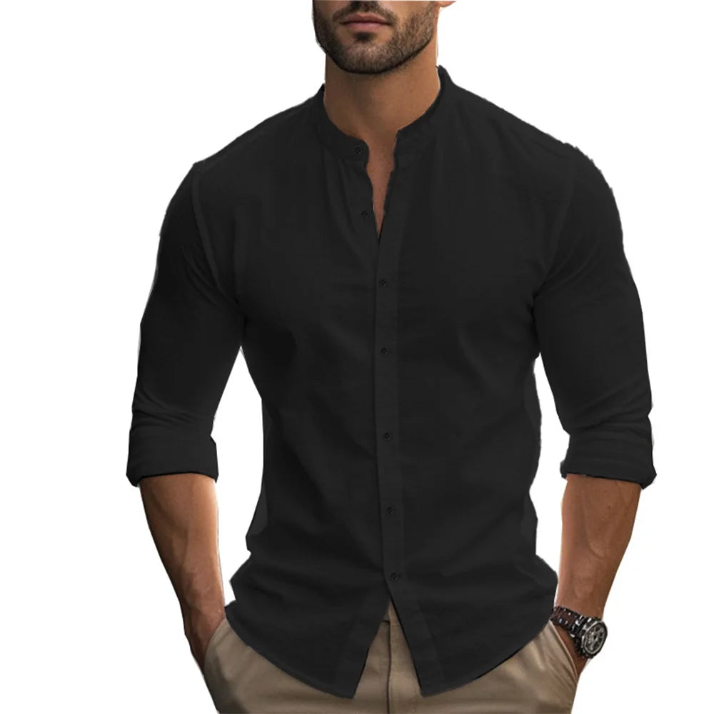 Men's Cotton Linen Slim Fit Henry Shirt
