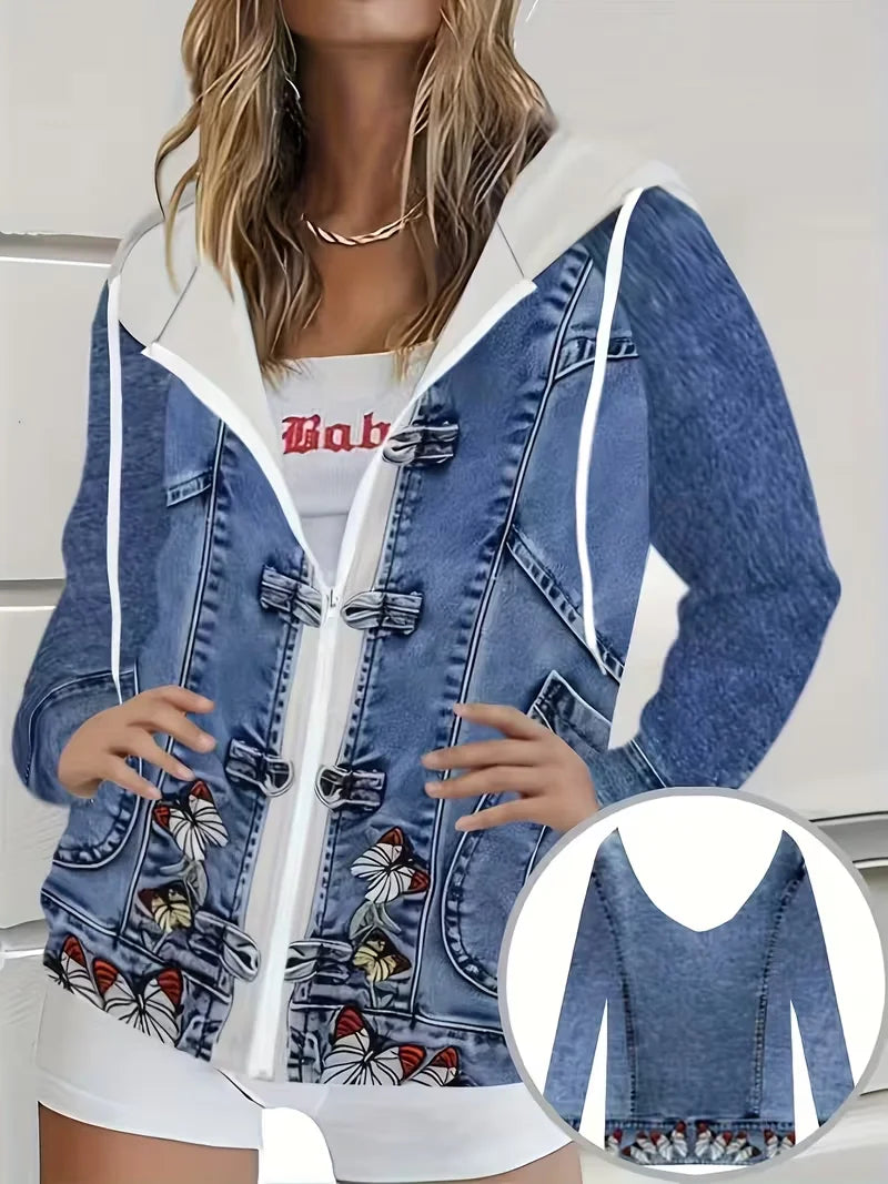 Plus Size Women’s Butterfly Print Hooded Jacket