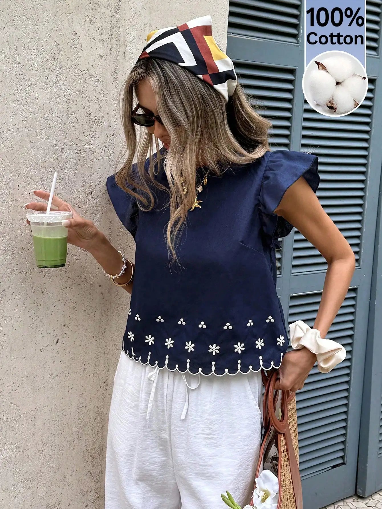 Women's Floral Embroidered Ruffle Hem Blouse