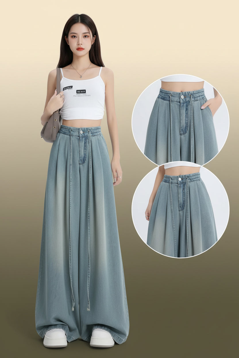 Women Wide Leg Elastic Waist Jeans