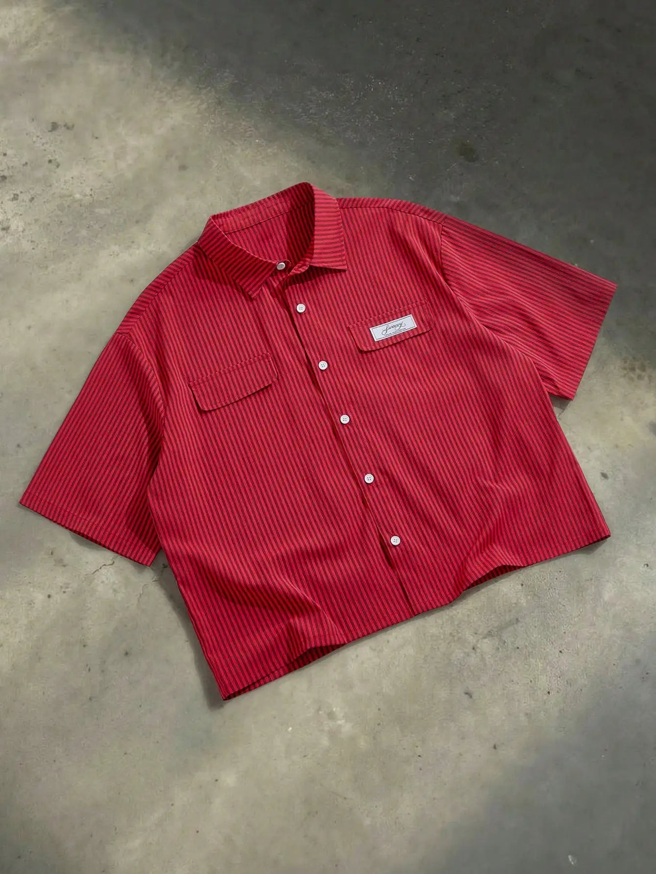 Men's Red Striped Cropped Button Up Shirt