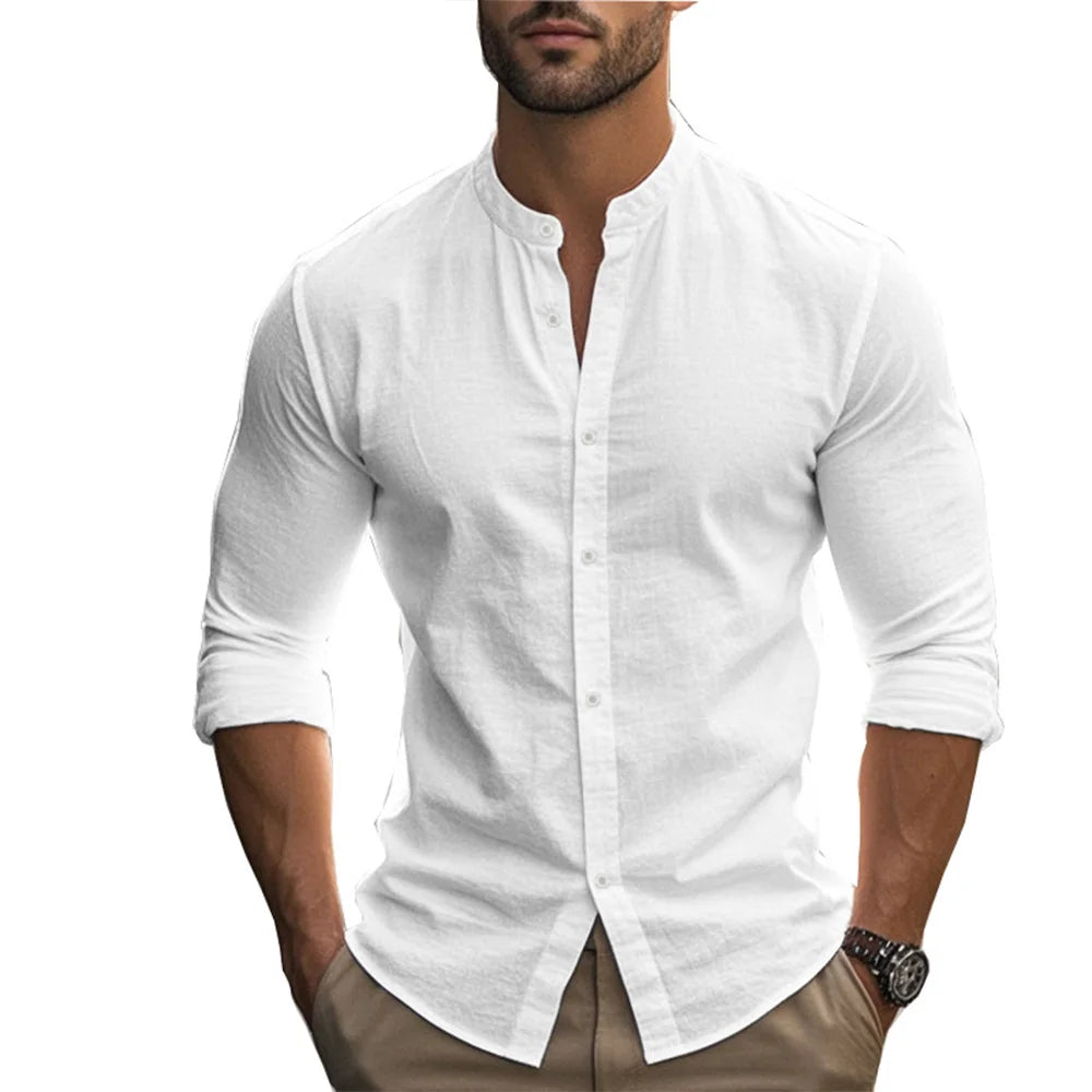 Men's Cotton Linen Slim Fit Henry Shirt