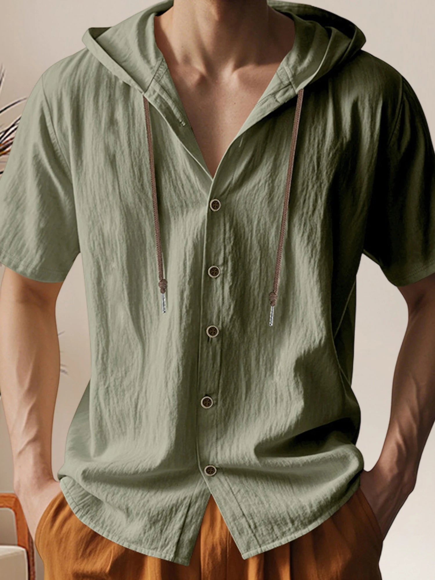 Men Short Sleeve Hooded Button Shirt