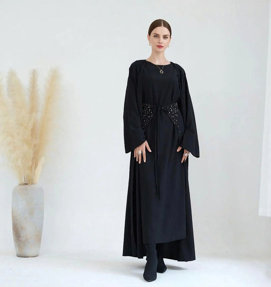 3-Piece Women’s Black Abaya Set with Hijab Modest Kaftan Robe
