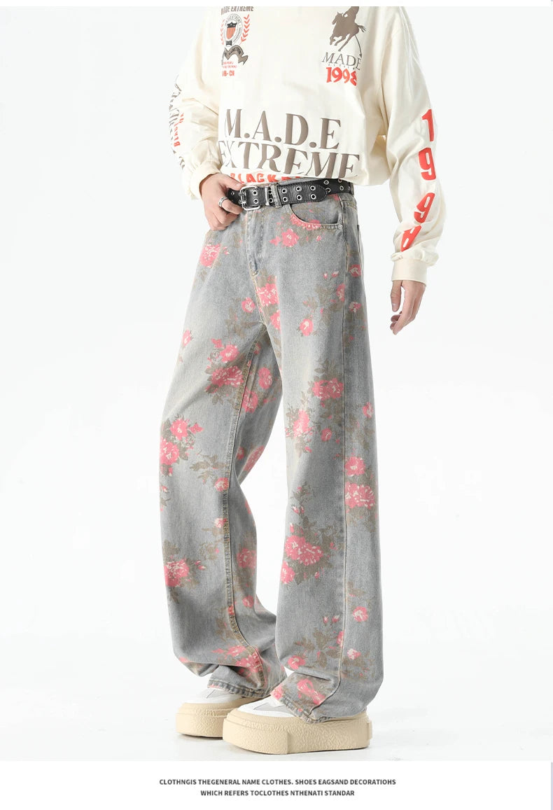 Autumn Flower Print Baggy Jeans